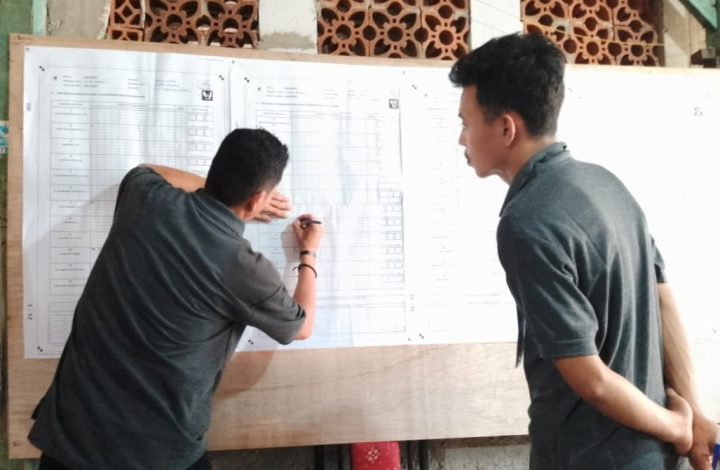 Petugas PPS saat menghitung hasil perolehan surat suara untuk Paslon Capres dan Cawapres.