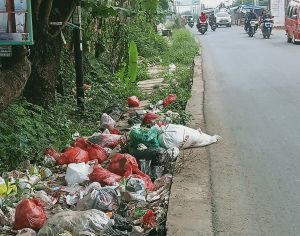 Tumpukan sampah di pinggir jalan.