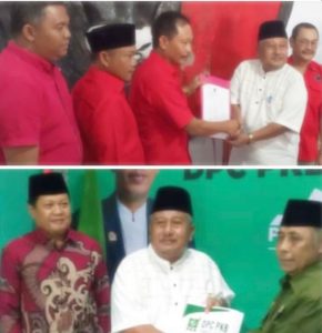 Bakal Calon Bupati Lebak H Akhmad Jajuli (berbaju putih) saat melakukan pendaftaran ke PDIP (atas) dan ke PKB (bawah) di Rangkasbitung Lebak baru-baru ini (Foto: Dok. pribadi).