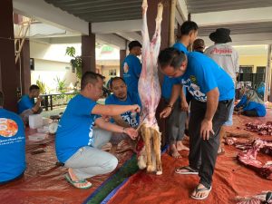 Petugas saat memotong daging Qurban.
