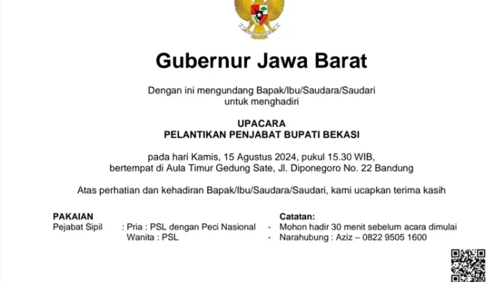 Surat Gubernur Jawa Barat terkait agenda pelantikan Penjabat Bupati Bekasi di Aula Timur Gedung Sate, Jl. Diponegoro No. 22 Bandung, Kamis, 15 Agustus 2024